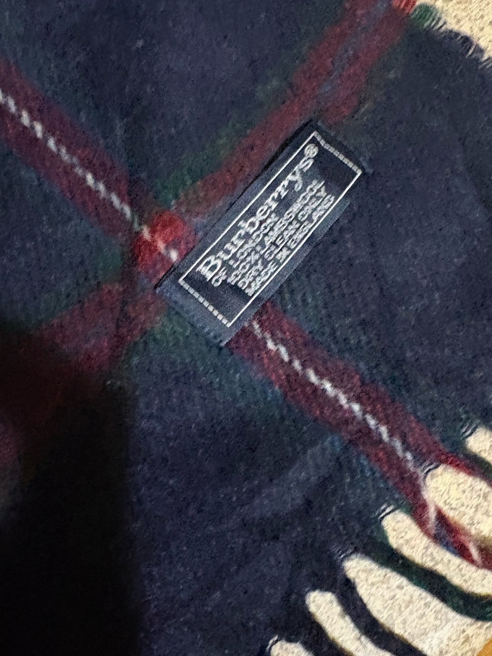Burberry Lambswool Navy Scarf with Red & Green Stripes - Picture 6 of 6